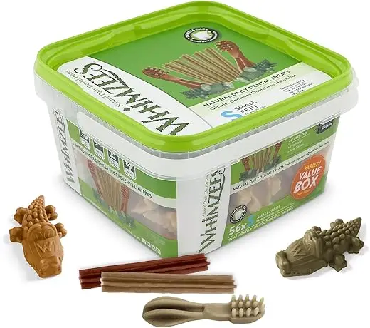WHIMZEES Variety Value Box Dental Dog Treats, Variety Tub, Small (7-12 kg Dogs), Natural Daily Dental Chews (Pack of 56)